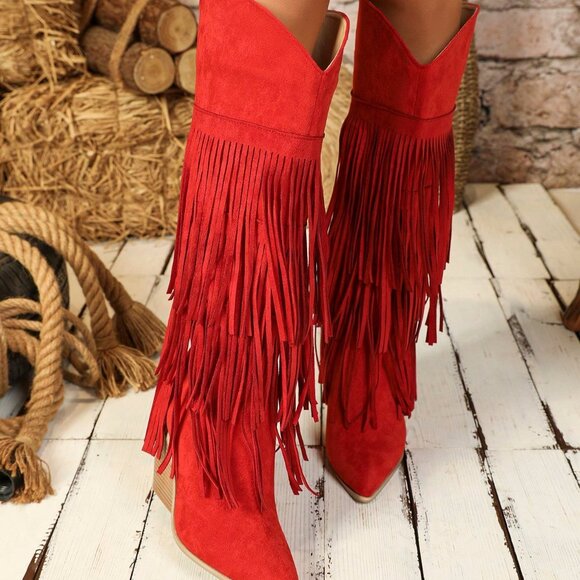 Red Western Women's Sexy Knee-High Geometric Faux Suede Chunky Heel Boots - Picture 1 of 7